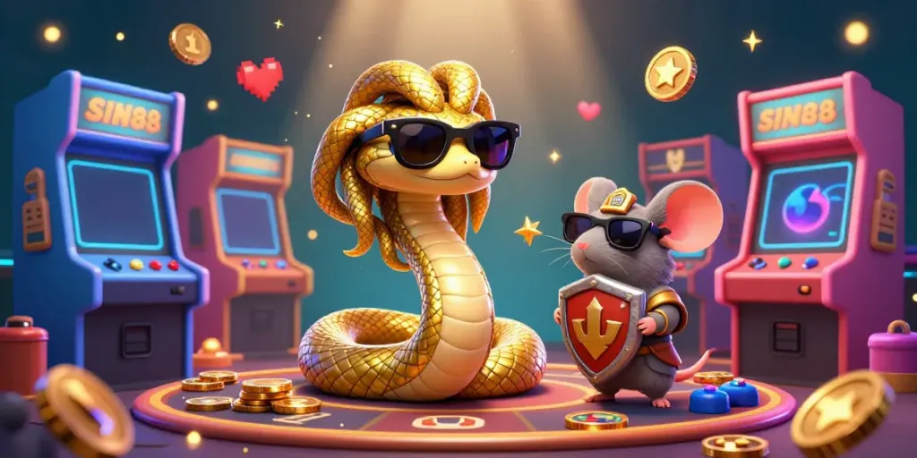 Experience the thrill of SIN88 gaming with Medusa and a warrior mouse amidst vibrant 3D casino elements.