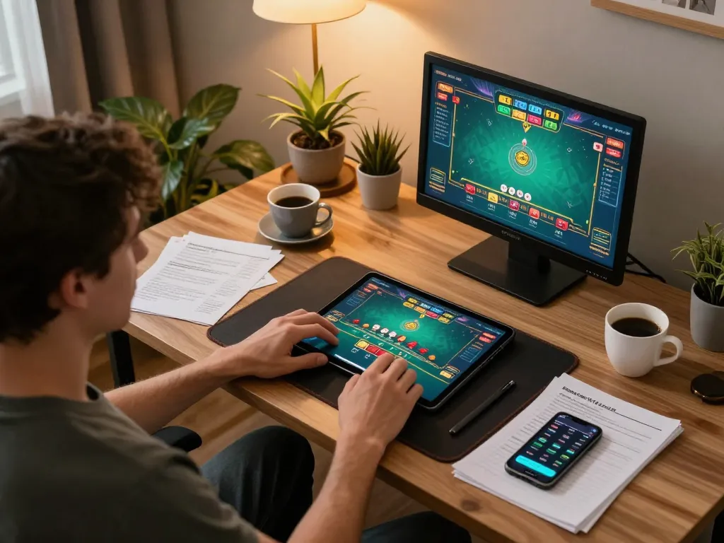 Người chơi LUCK8 tham gia vào chiến lược blackjack tại một bàn làm việc hiện đại