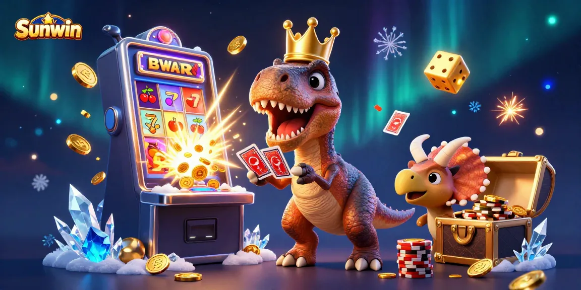 Experience thrilling wins at Sunwin with a T-Rex shuffling cards, assisted by a pterodactyl in a vibrant casino setting.