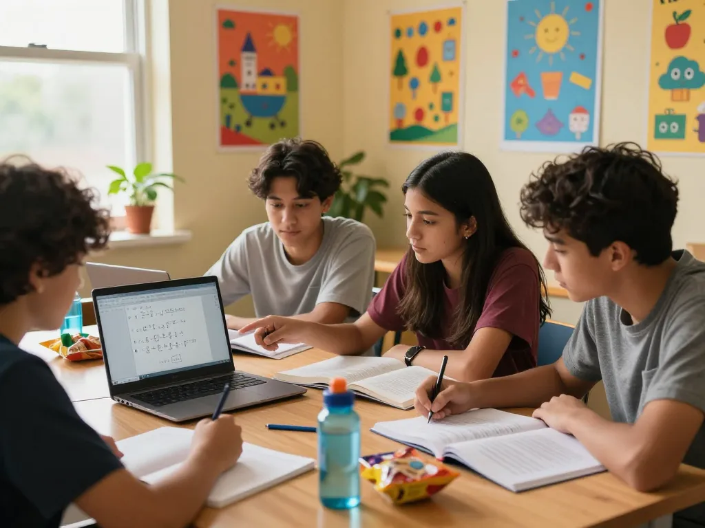 Schüler, die in einem lebhaften Studienraum gemeinsam Hausaufgaben lösen.
