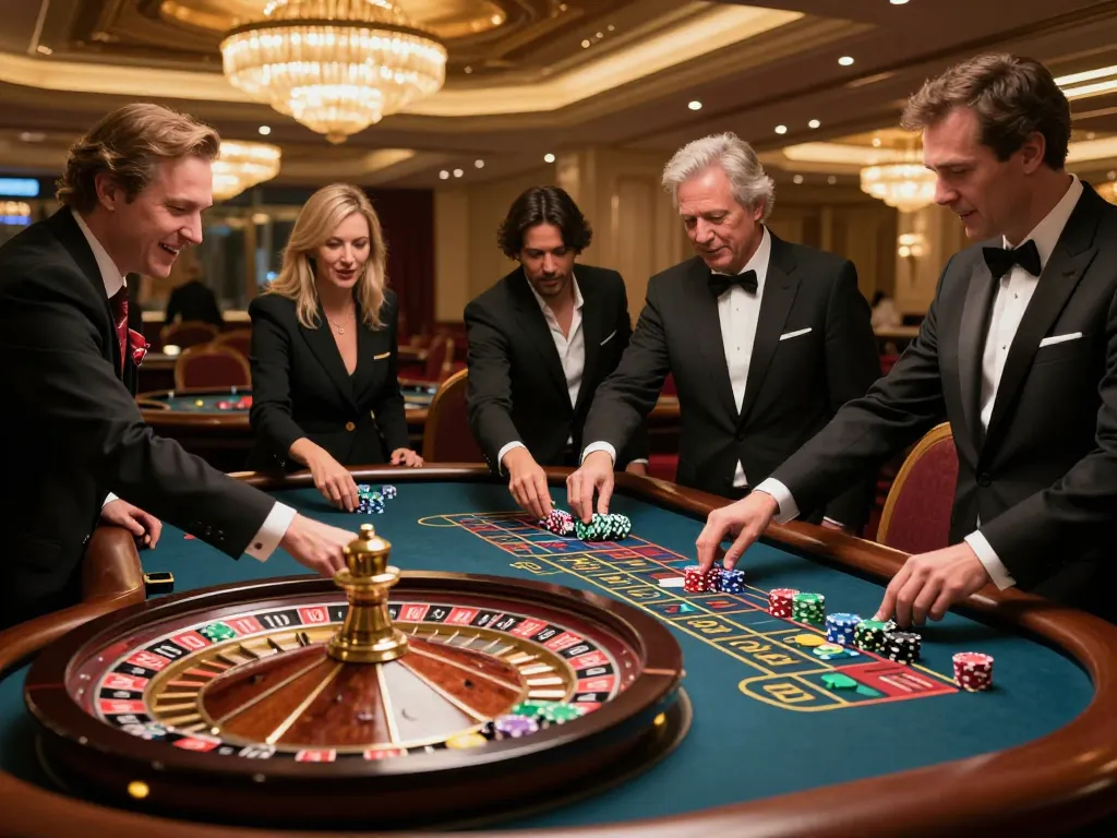 Players enjoying a thrilling roulette game at soibetbiz casino, showcasing strategic betting moments in an upscale atmosphere.