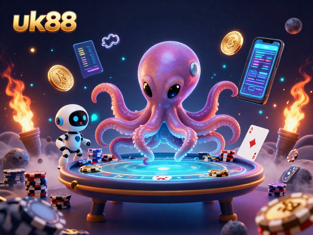 Engage with uk88's exciting poker universe featuring a vibrant alien octopus and unique casino elements.