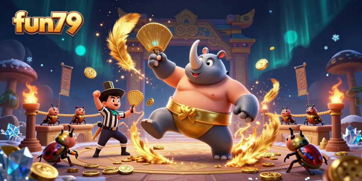 Experience exciting gameplay at fun79 with a vibrant 3D illustration of a sumo beetle champion winning big.