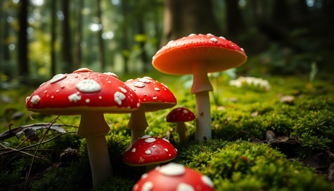 Fliegenpilz Pulver aus leuchtenden, roten Fliegenpilzen in einem grünen Wald.