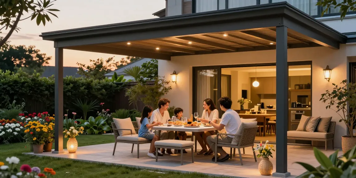 Freistehende Terrassenüberdachung mit Familie im Garten, gemütliche Atmosphäre.