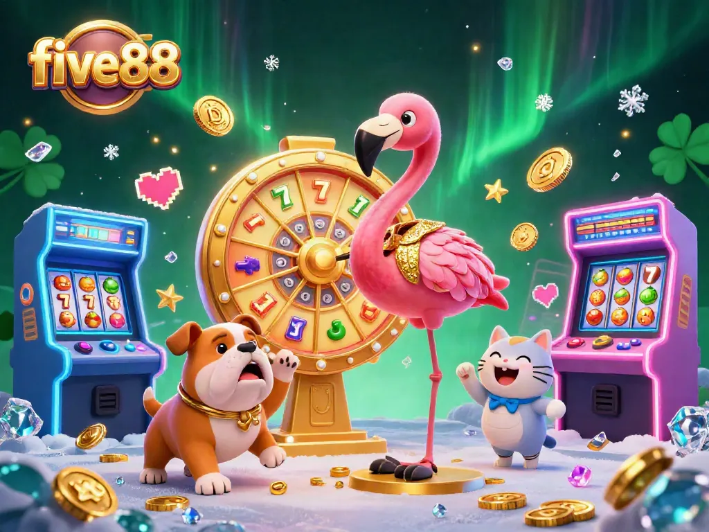 Win big with five88 in this vibrant 3D casino scene, featuring colorful games and prizes.