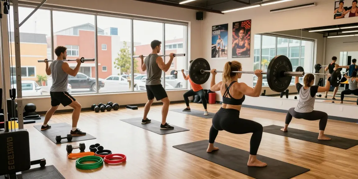 Aktive Fitnessszene in einem hellen Studio mit Übungen und Ausrüstung, Astera Shop im Fokus.