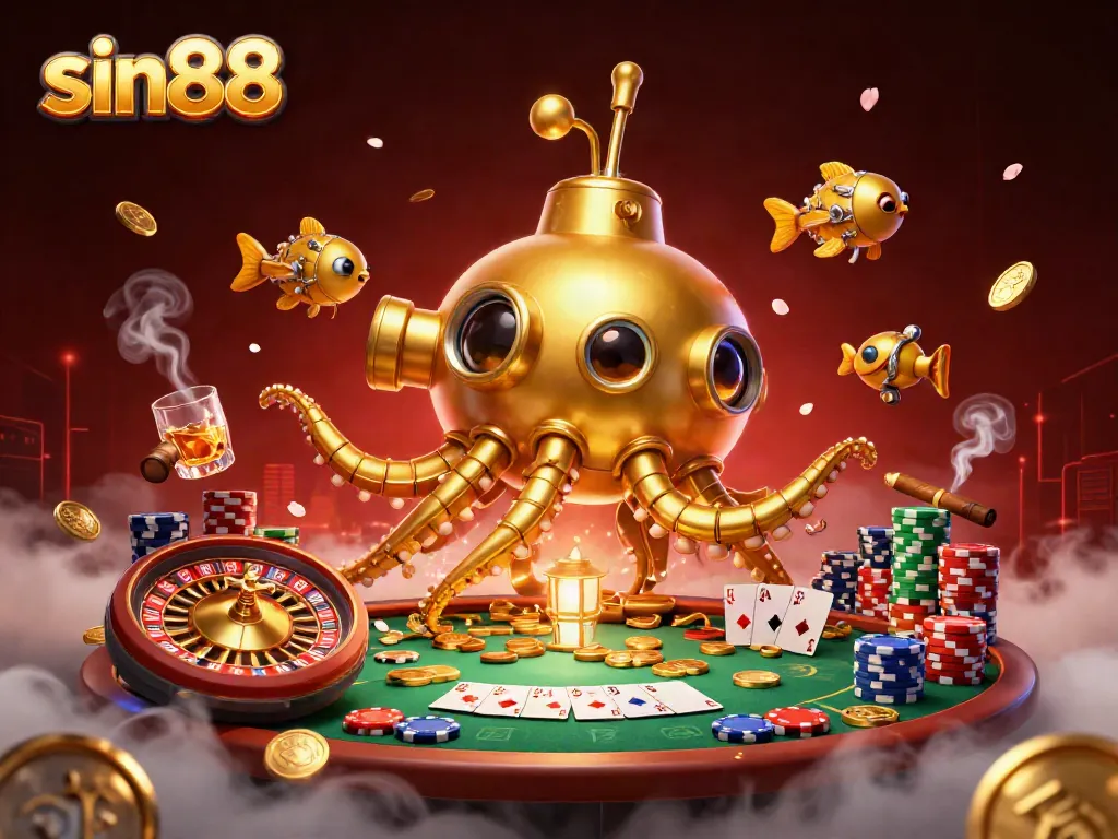 Experience thrilling gameplay at sin88 with a golden kraken submarine amidst poker chips and roulette elements.