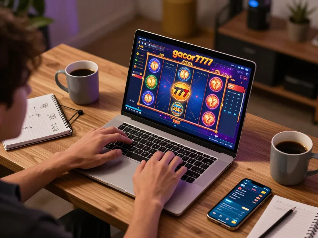 Engaging player enjoying a thrilling slot gacor 777 experience on a laptop, with vibrant game interface and personal gaming setup.