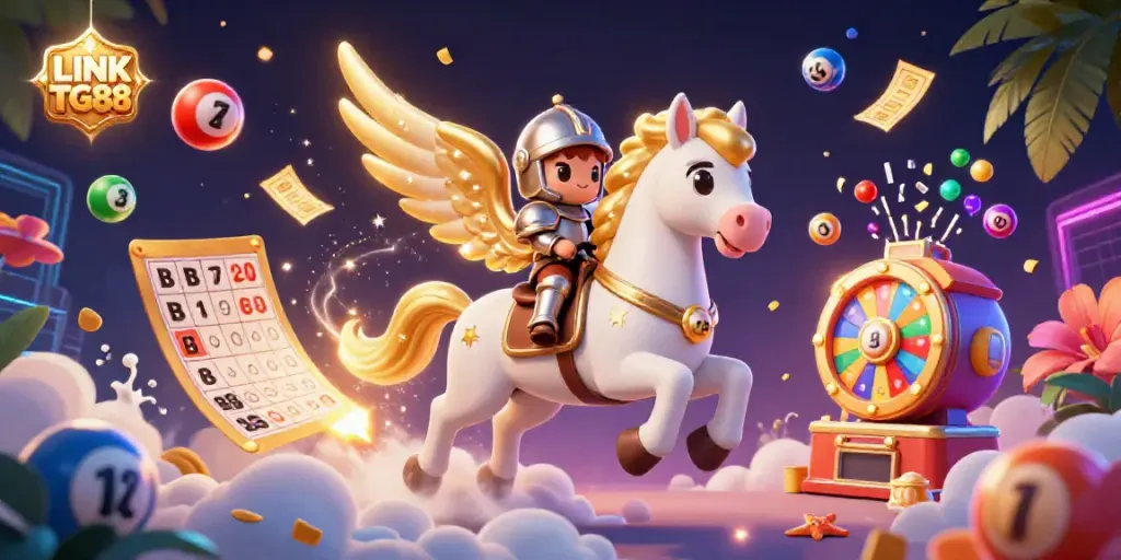 Experience thrilling action with LINK TG88 as a celestial horse and knight gallivant amidst vibrant casino elements.