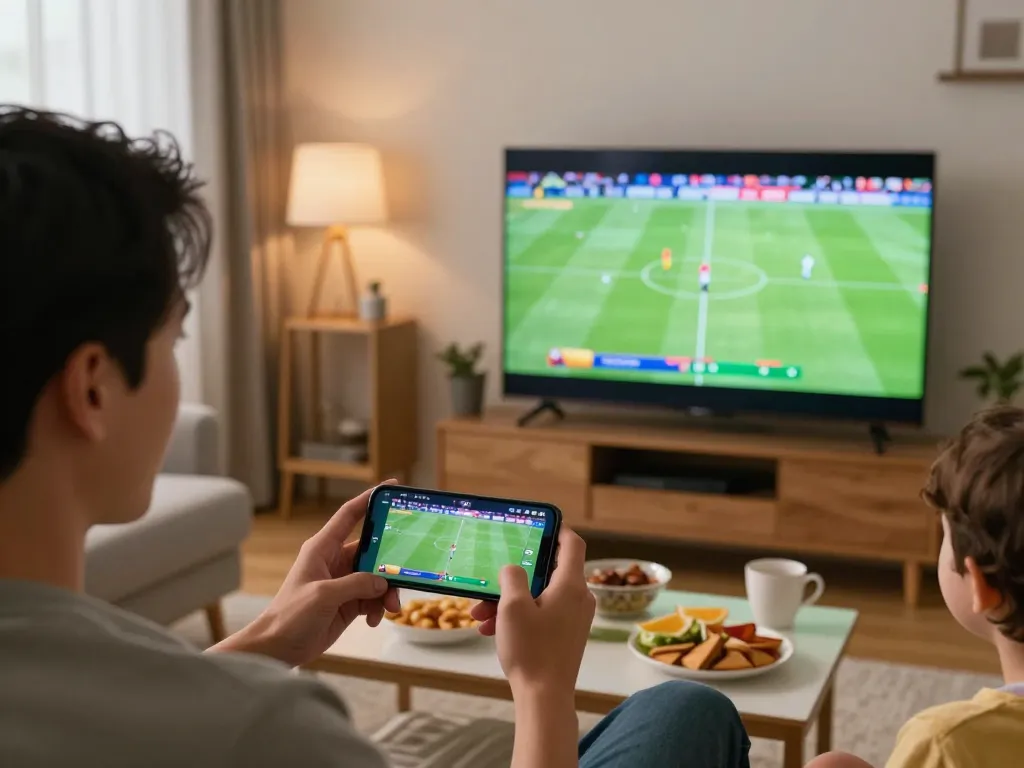 Watchballonline user actively placing live bets during a soccer match in a cozy home setting