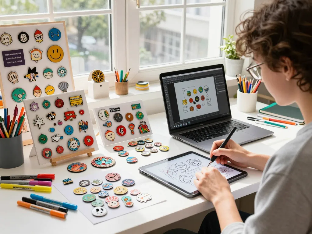 Artist creating individuelle pins showcased in a lively workspace.