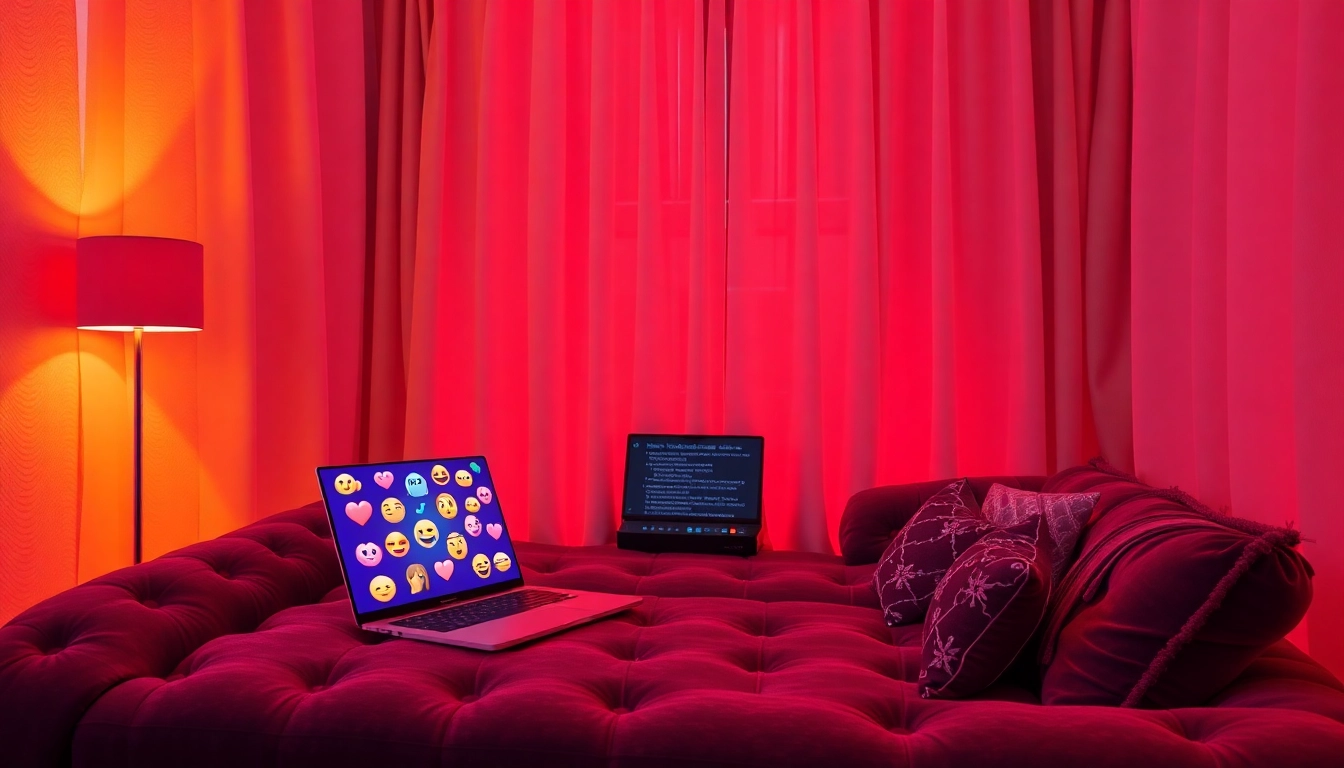 Engaging digital chat room for porn AI chat with inviting ambiance and flirty interactions.