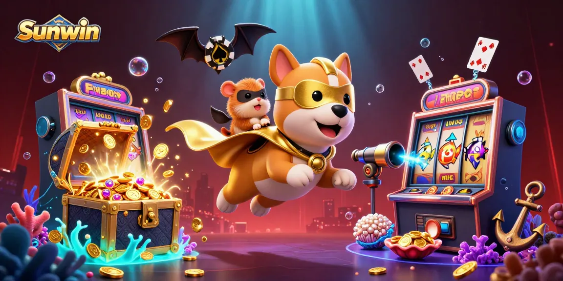 Sunwin captivates with a cartoon superhero dog flying, carrying treasures amidst vibrant casino elements.