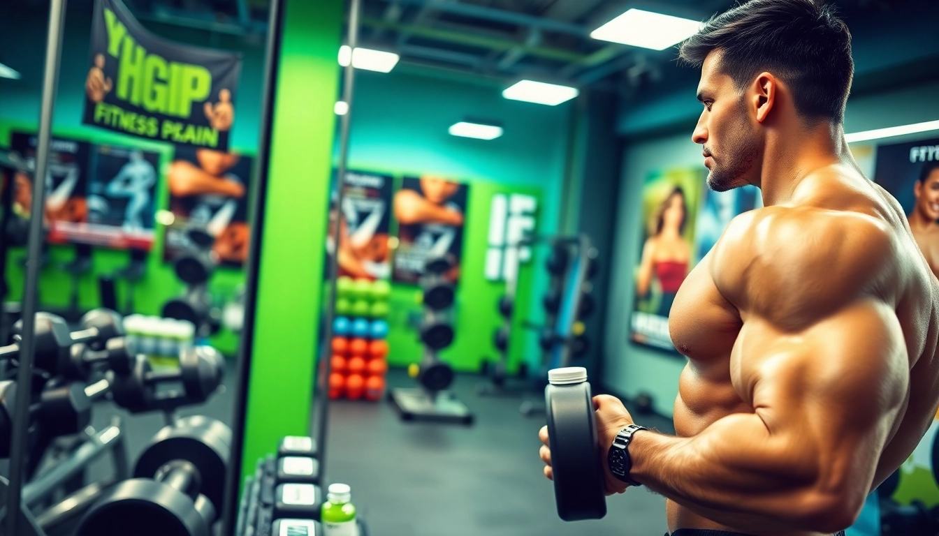 hgh kaufen in einem modernen Fitnessstudio mit einem Fitness-Trainer und Gesundheitsprodukten.