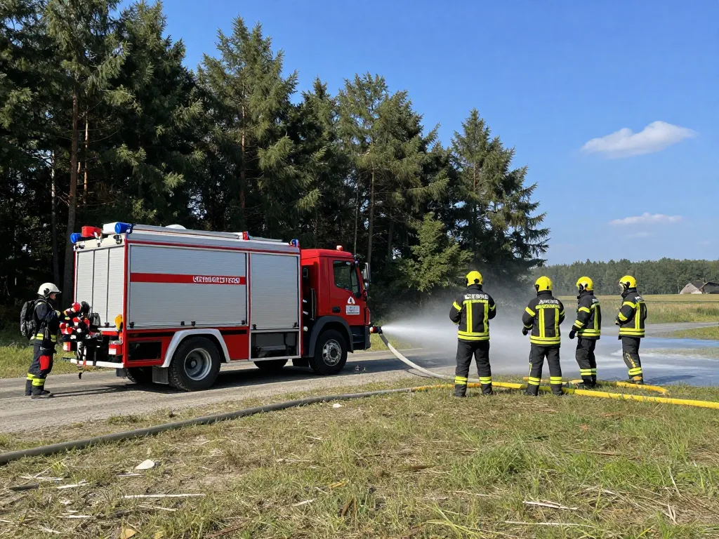 Feuerwehrleute trainieren mit einer mobilen Löschwasserzisterne nach DIN 14230 in einem abgelegenen Wald, um Sicherheit und Flexibilität zu demonstrieren.