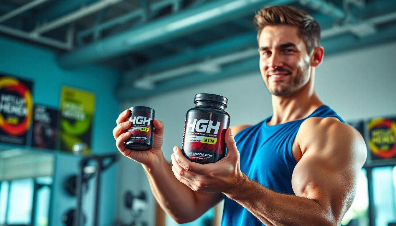 HGH kaufen – Fitness-Trainer zeigt HGH-Präparate in einem modernen Fitnessstudio.