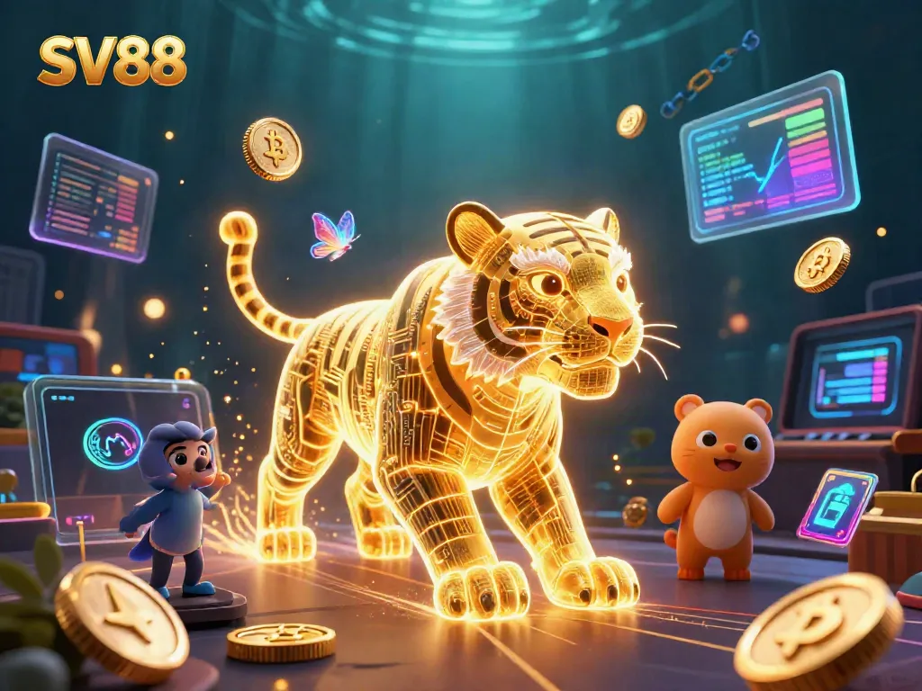 Experience thrilling casino fun with SV88 featuring a golden tiger and holographic butterflies in a digital landscape.