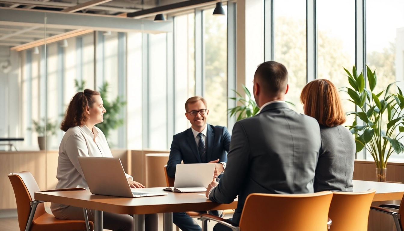 Unternehmensberatung während eines Business-Meetings, das Berater und Klienten in einer modernen Umgebung zeigt.
