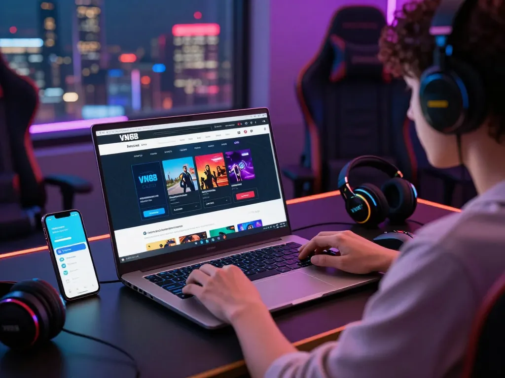 Engaged player using the VN88 online gaming platform with vibrant city skyline.
