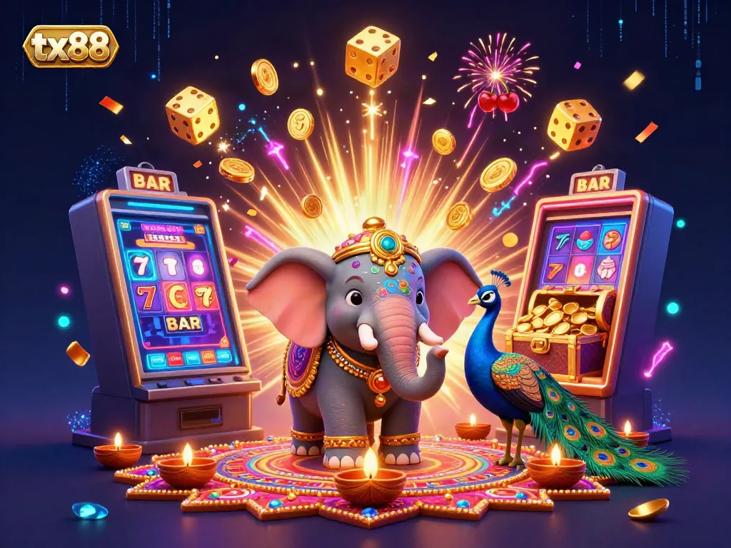 Experience the allure of tx88 with a vibrant illustration featuring a jackpot explosion and casino elements.
