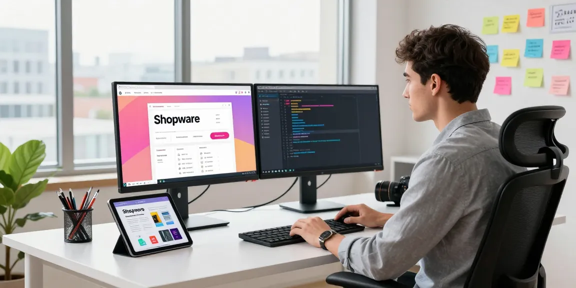 Shopware Freelancer, der in einem modernen E-Commerce-Arbeitsbereich mit dynamischen Dashboards programmiert.