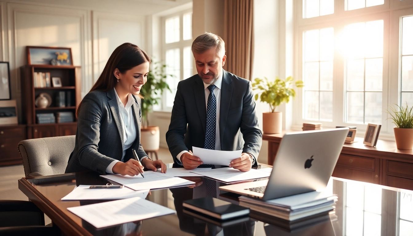 Headhunter Schweiz berät Kunden in einem eleganten Büro über Karriereoptionen.