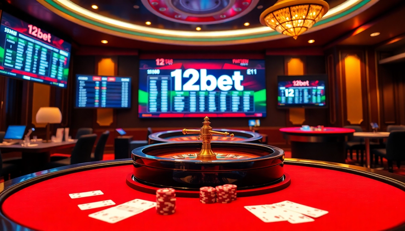Engaging view of link 12bet platform with dynamic casino elements, cards, and roulette wheel.
