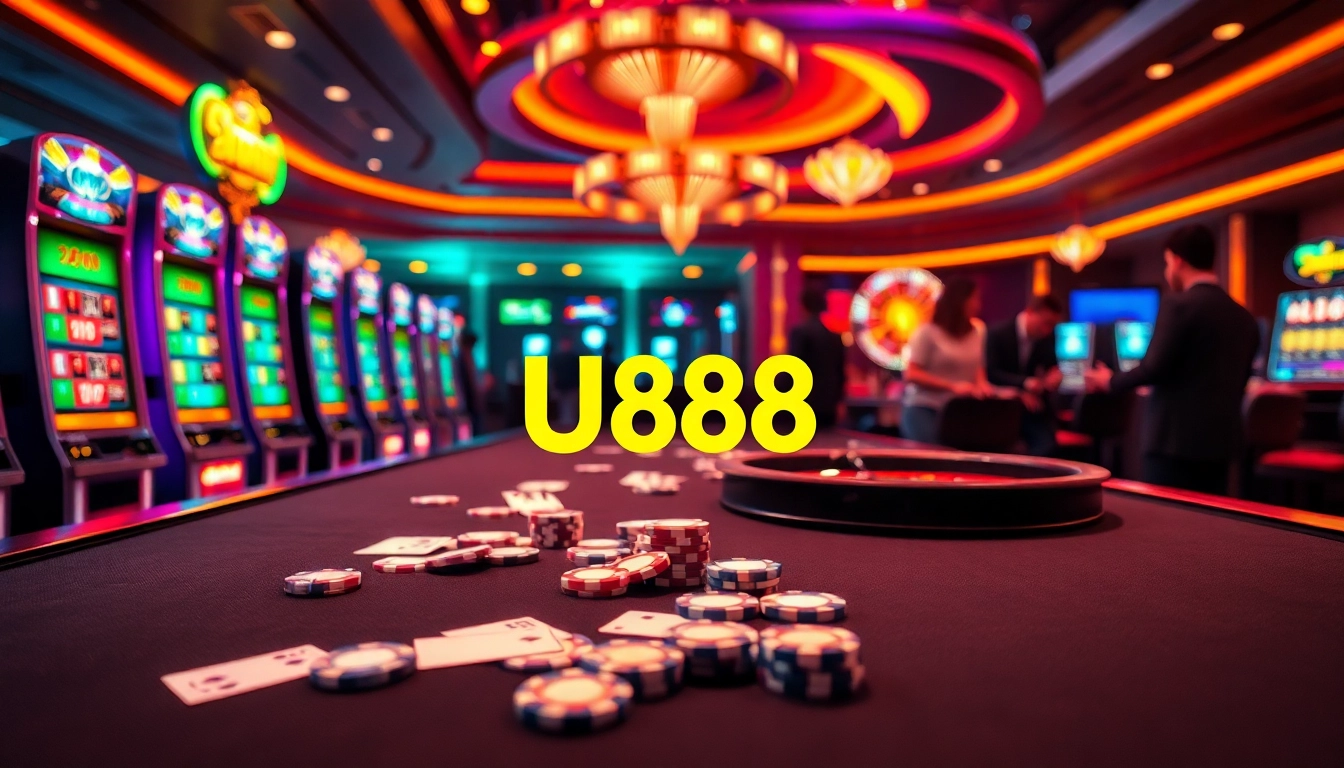 U888 casino table action with vibrant slot machines and luxury ambiance.