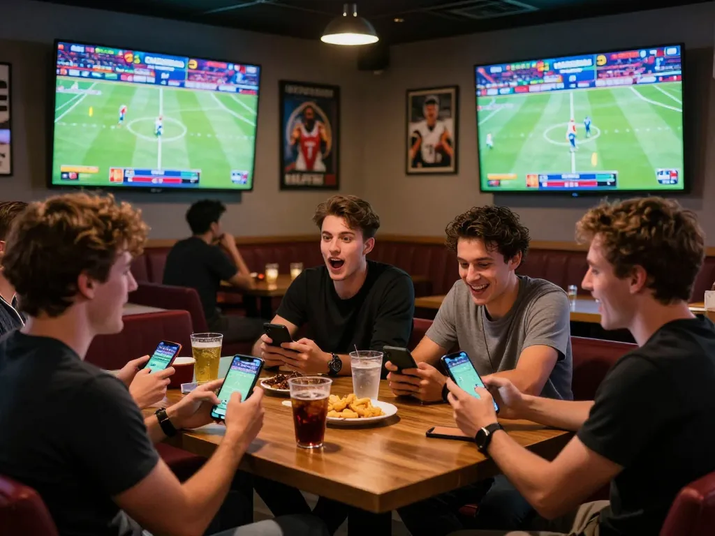 Friends actively placing bets on sports through CM88 while enjoying the energetic atmosphere