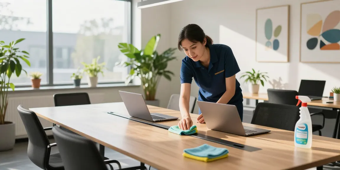 Professional cleaner showcasing unterhaltsreinigung solothurn in a modern office.