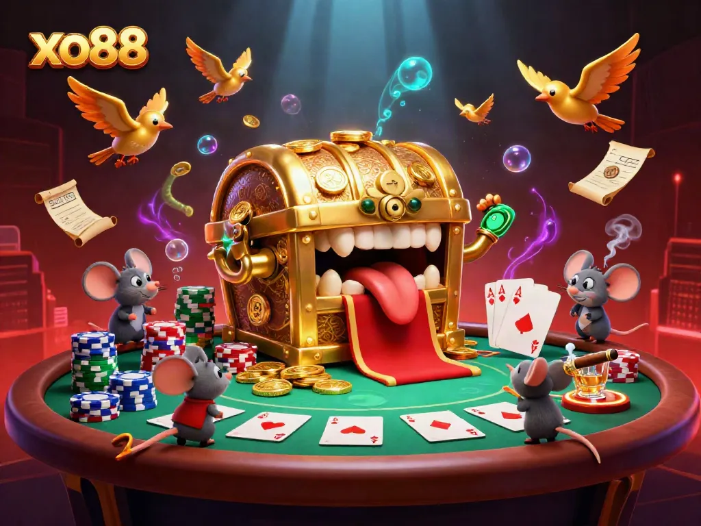 Engage in thrilling gambling with the beautifully animated scene from xo88 featuring a treasure chest and poker elements created with stunning 3D art.
