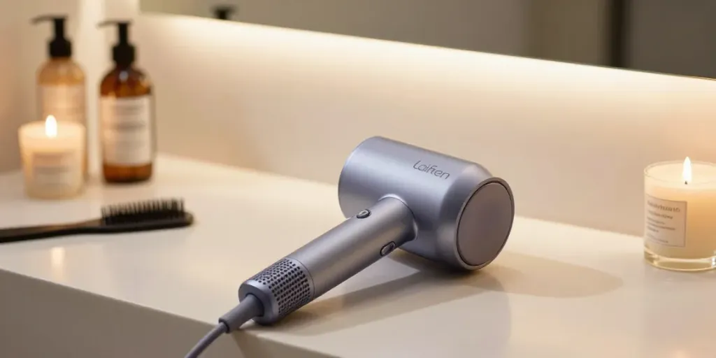 Close-up of Laifen Mini haartrockner elegantly displayed with hair care products.