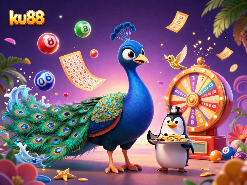 ku88 showcases vibrant casino illustrations featuring a peacock and penguin with golden chips.