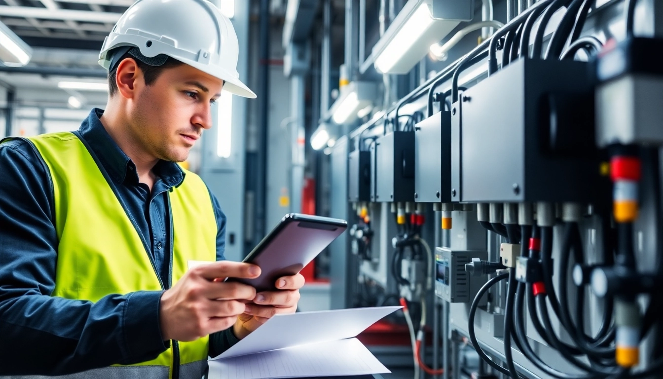 Technician performing a DGUV V3 Prüfung on electrical devices with safety gear in a professional environment.