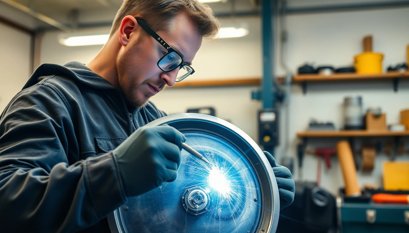 Alufelge Kratzer Reparatur München durch einen Mechaniker in einer modernen Werkstatt.