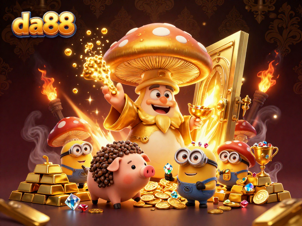 Experience the excitement of da88 with a golden mushroom wizard and treasures in a magical casino world.