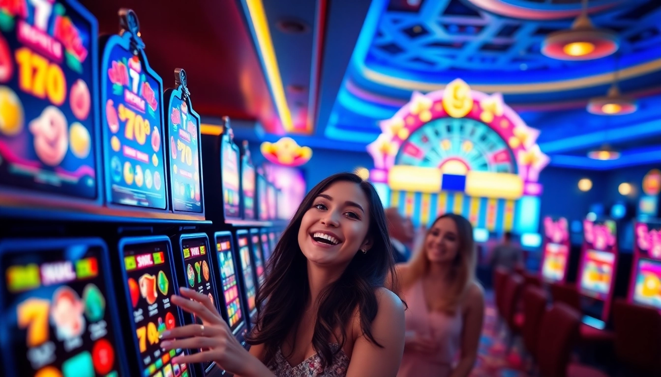 Experience the excitement of online casino free spins with vibrant slot machines and joyful players.