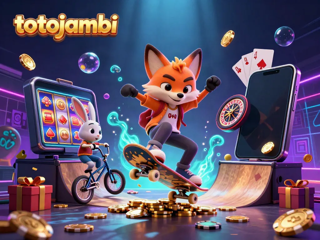 Engage in thrilling gaming action with totojambi as a fox performs tricks over golden poker chip ramps and a rabbit showcases BMX skills.