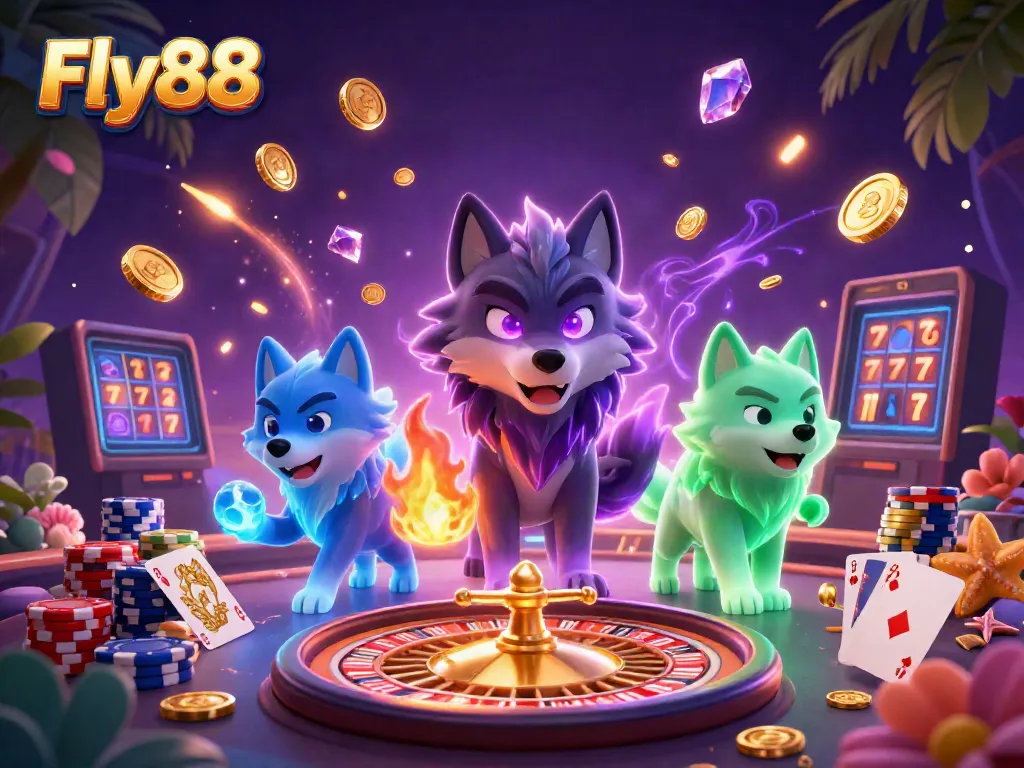 Experience thrilling gameplay with Fly88's captivating casino scene filled with dynamic elements and ghostly wolves.