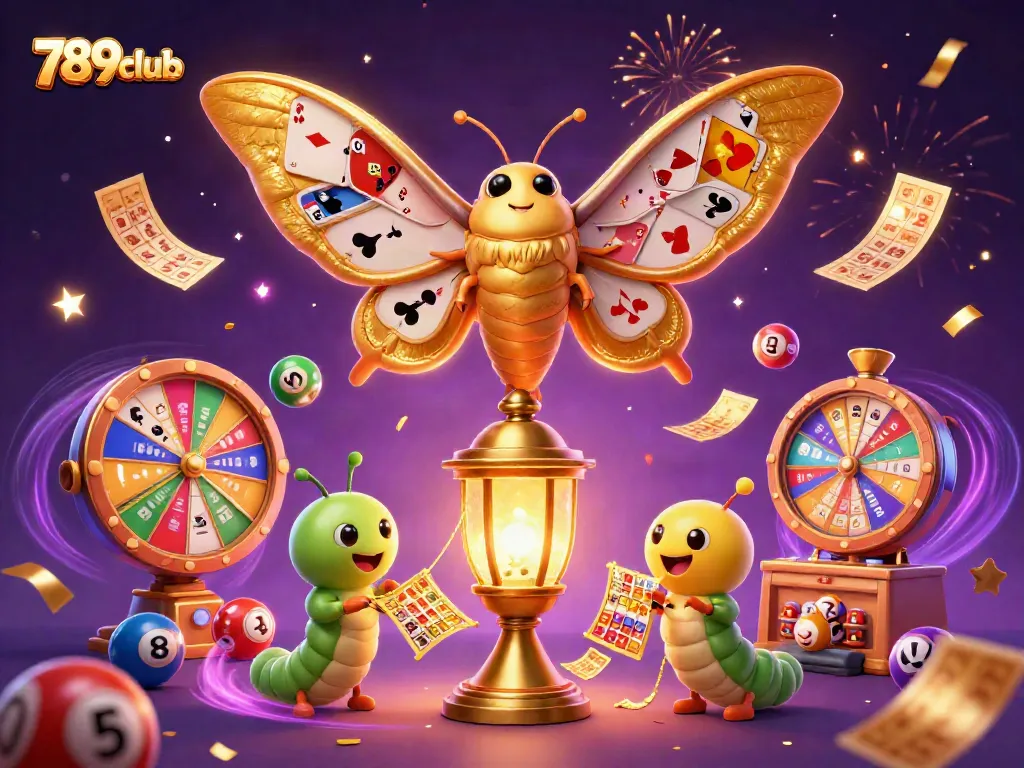 Engage with 789club's vibrant casino world featuring an atlas moth and playful lottery elements.