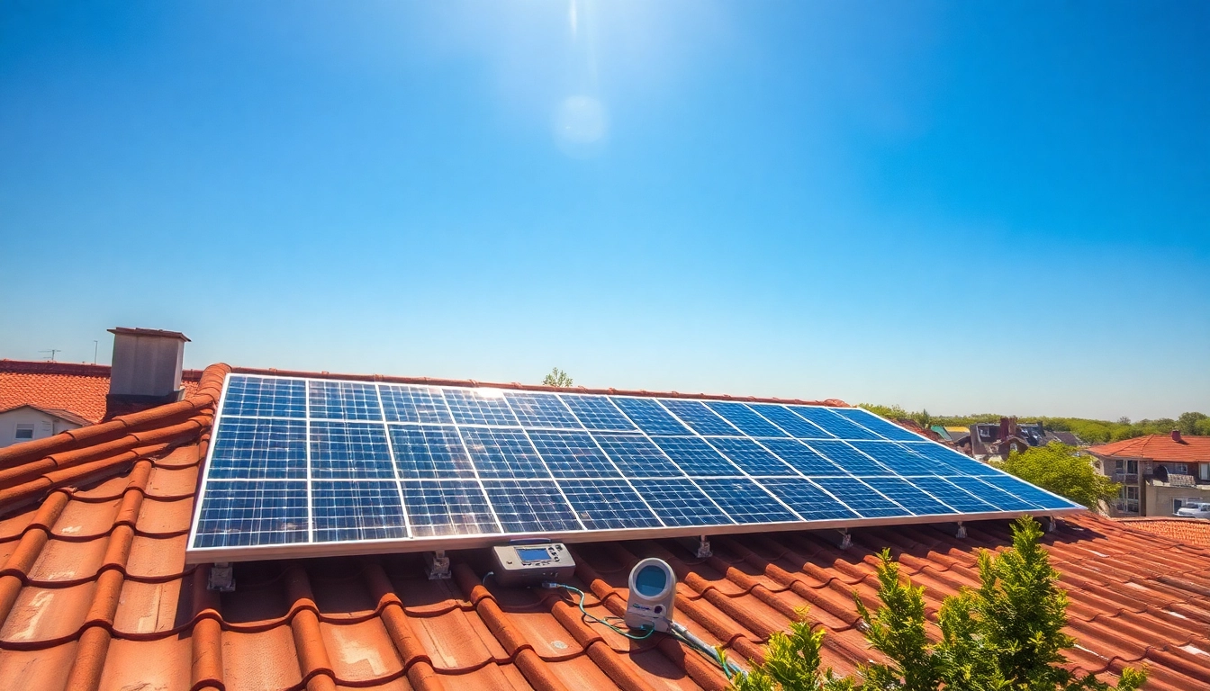 PV Anlage kaufen bundesweit: Präsentation einer modernen Solaranlage auf einem Dach mit urbaner Kulisse und strahlendem Licht.