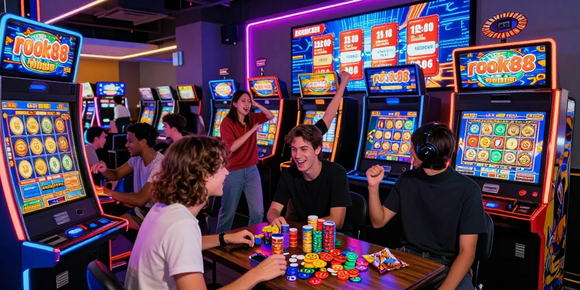 Friends enjoying the rokok88 slot machine in a vibrant arcade, showcasing gaming excitement.