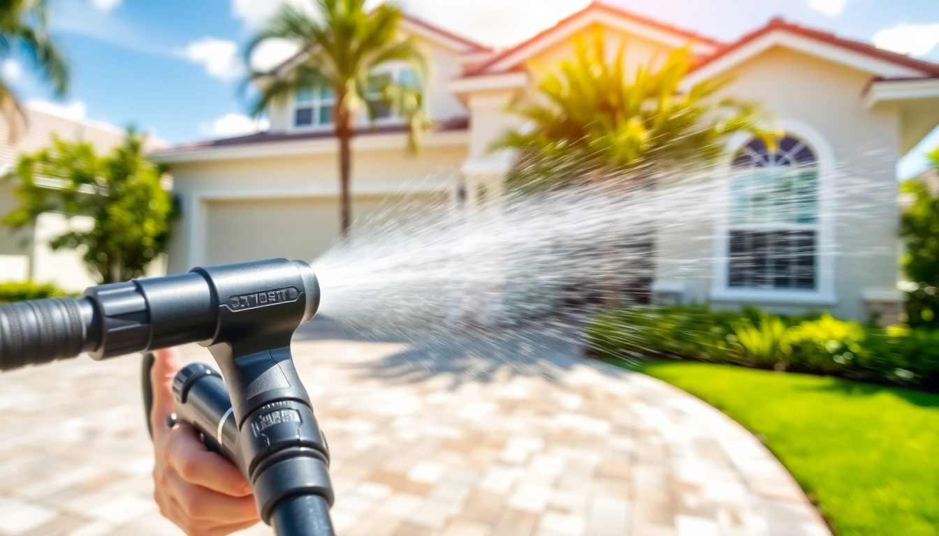 Driveway pressure wash in Kissimmee, FL, performed by professionals showcasing effective cleaning techniques.