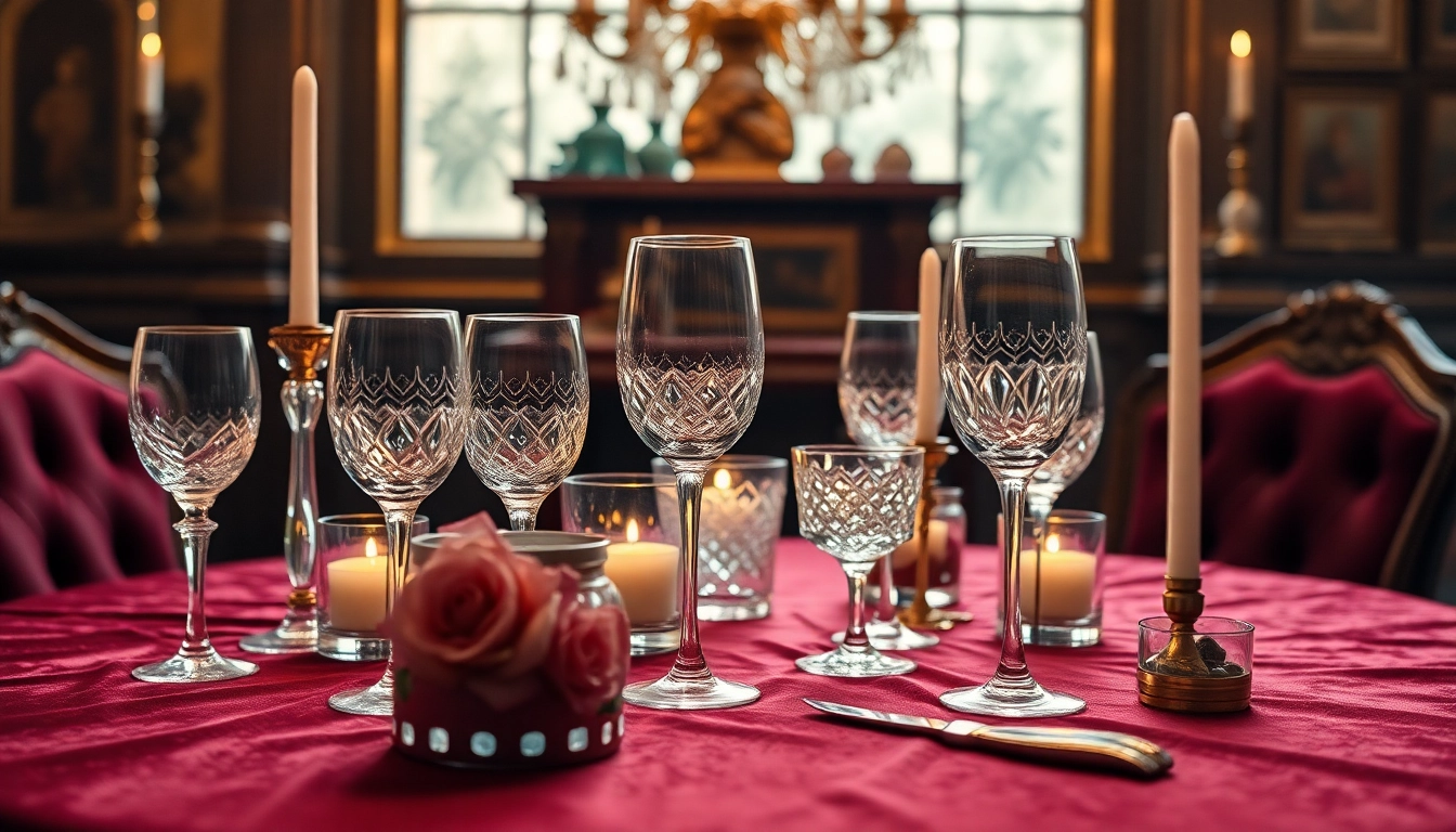 Luxury crystal glassware elegantly arranged on a velvet table, creating an opulent atmosphere.