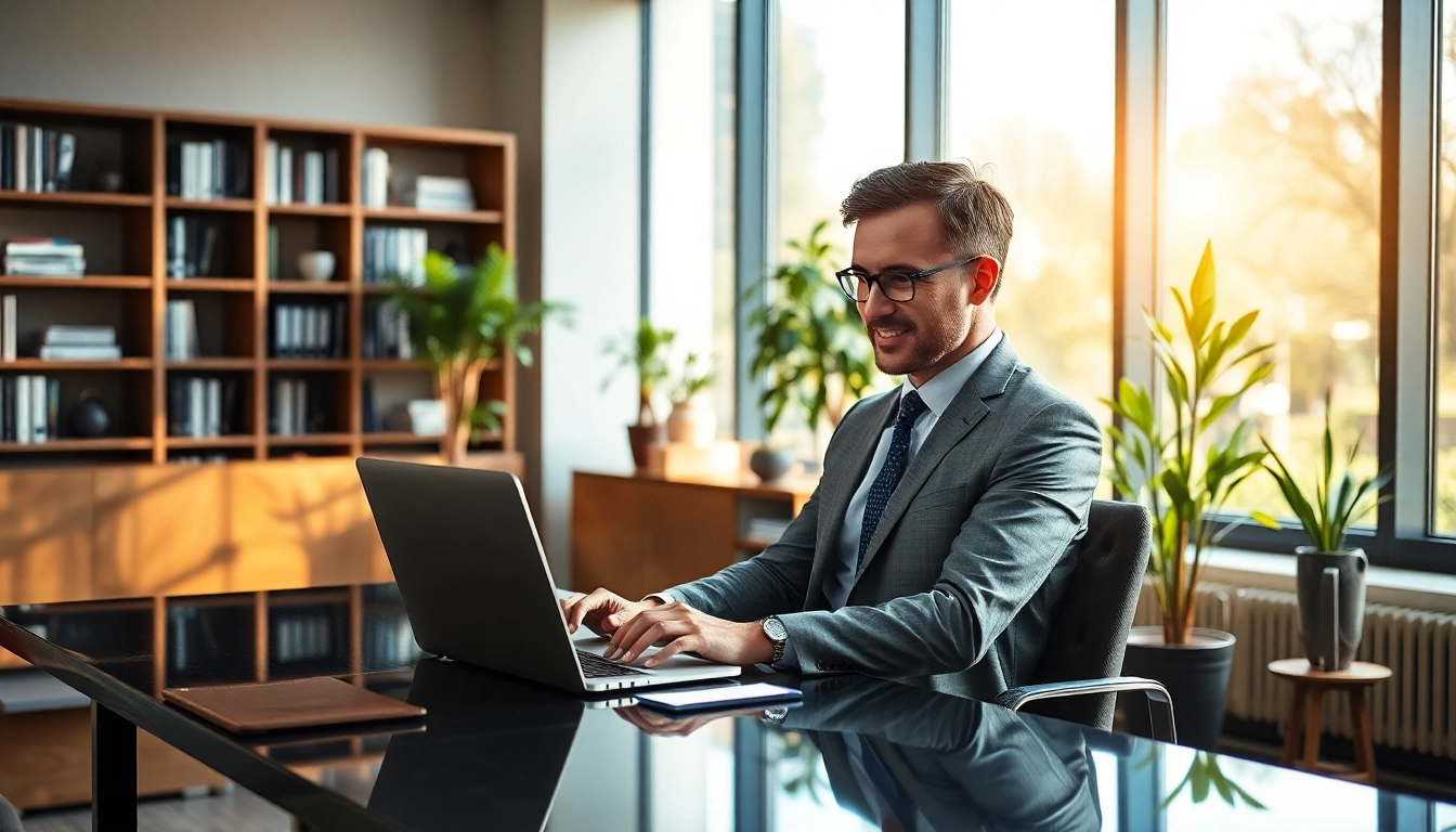 Headhunter IT bei der Arbeit in einem modernen Büro mit Laptop, umgeben von inspirierender Einrichtung.