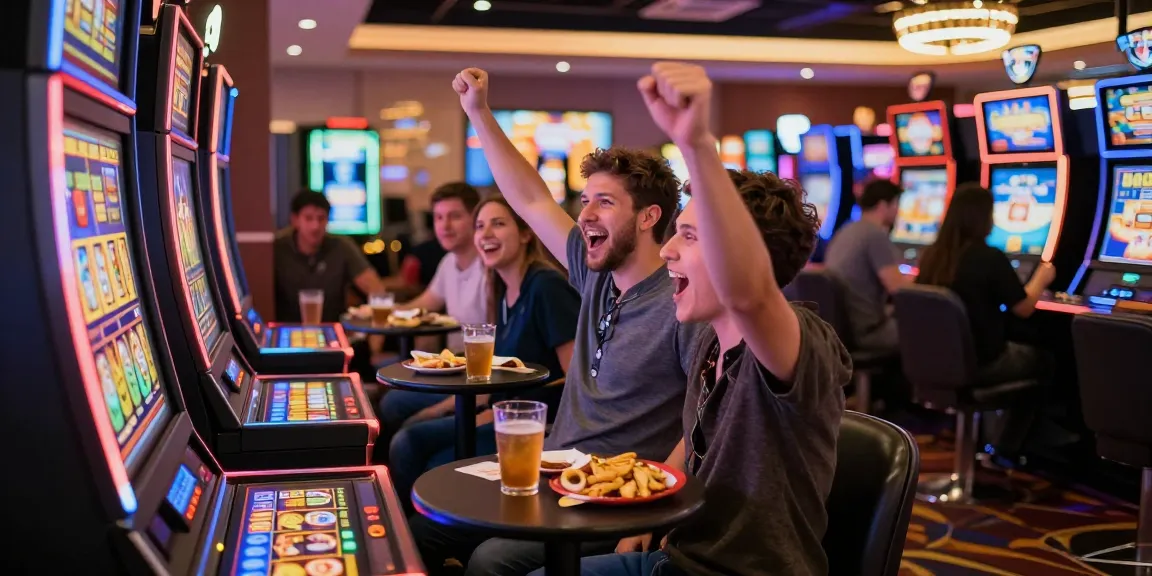 Slot gacor di kasino dengan pemain merayakan kemenangan, suasana meriah dan ceria.