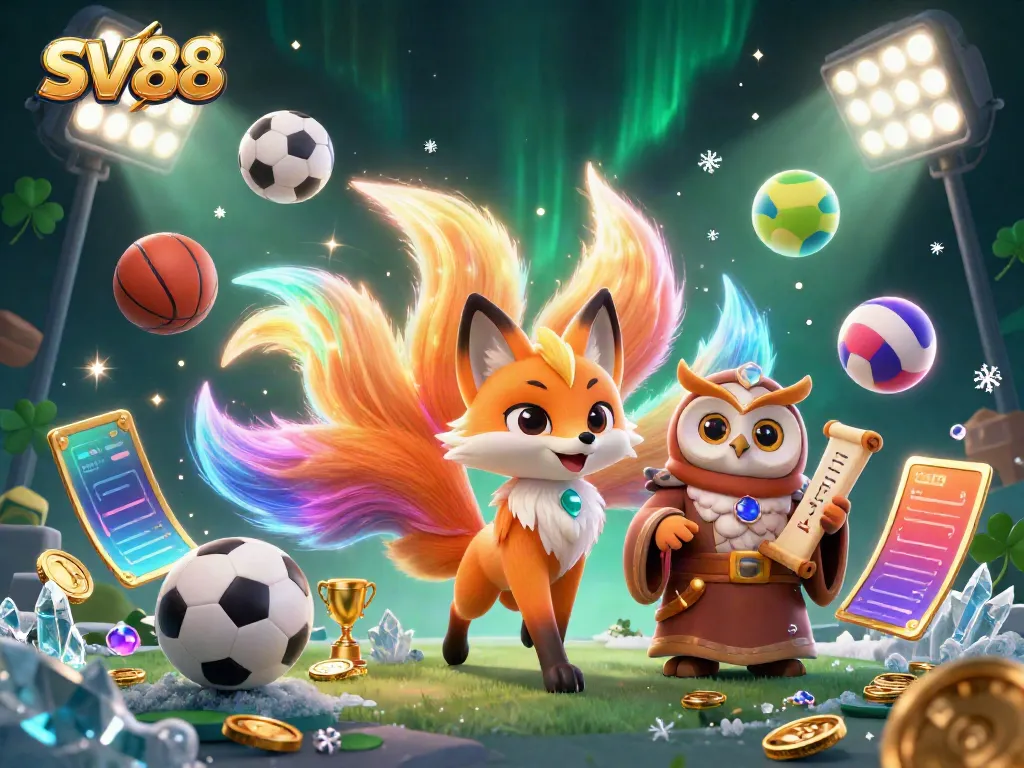 Engage with SV88 through a vibrant 3D casino illustration showcasing a nine-tailed fox, sports elements, and glowing lucky symbols.