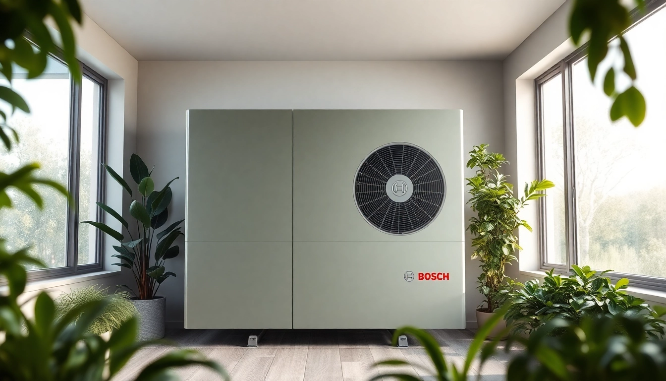 Wärmepumpe Bosch installierte in einem modernen Zuhause mit grüner Umgebung.