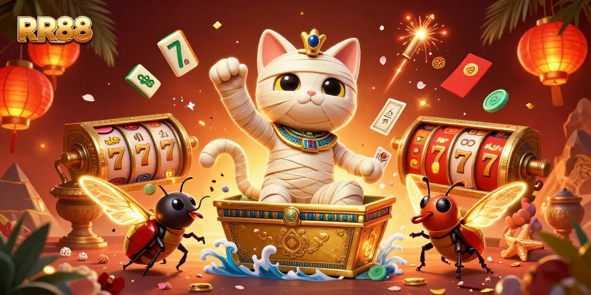 Experience the thrills of RR88 with a dynamic scene featuring unique casino elements and an Egyptian mummy cat.